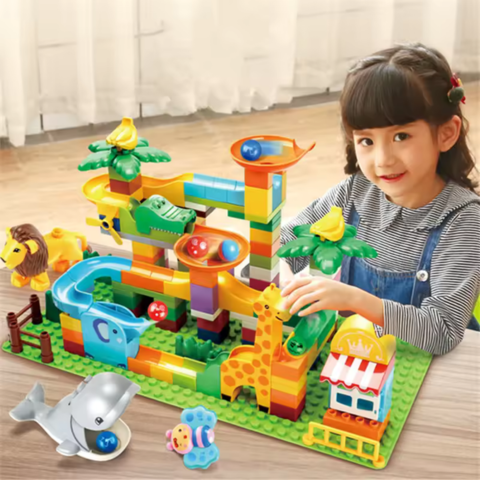 Marble Run Set – Duplo-Compatible Jungle Animal Two-Way Ball Runs