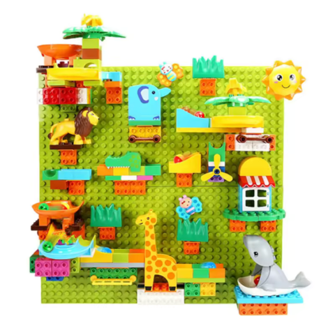 Marble Run Set – Duplo-Compatible Jungle Animal Two-Way Ball Runs Game Wall Mount